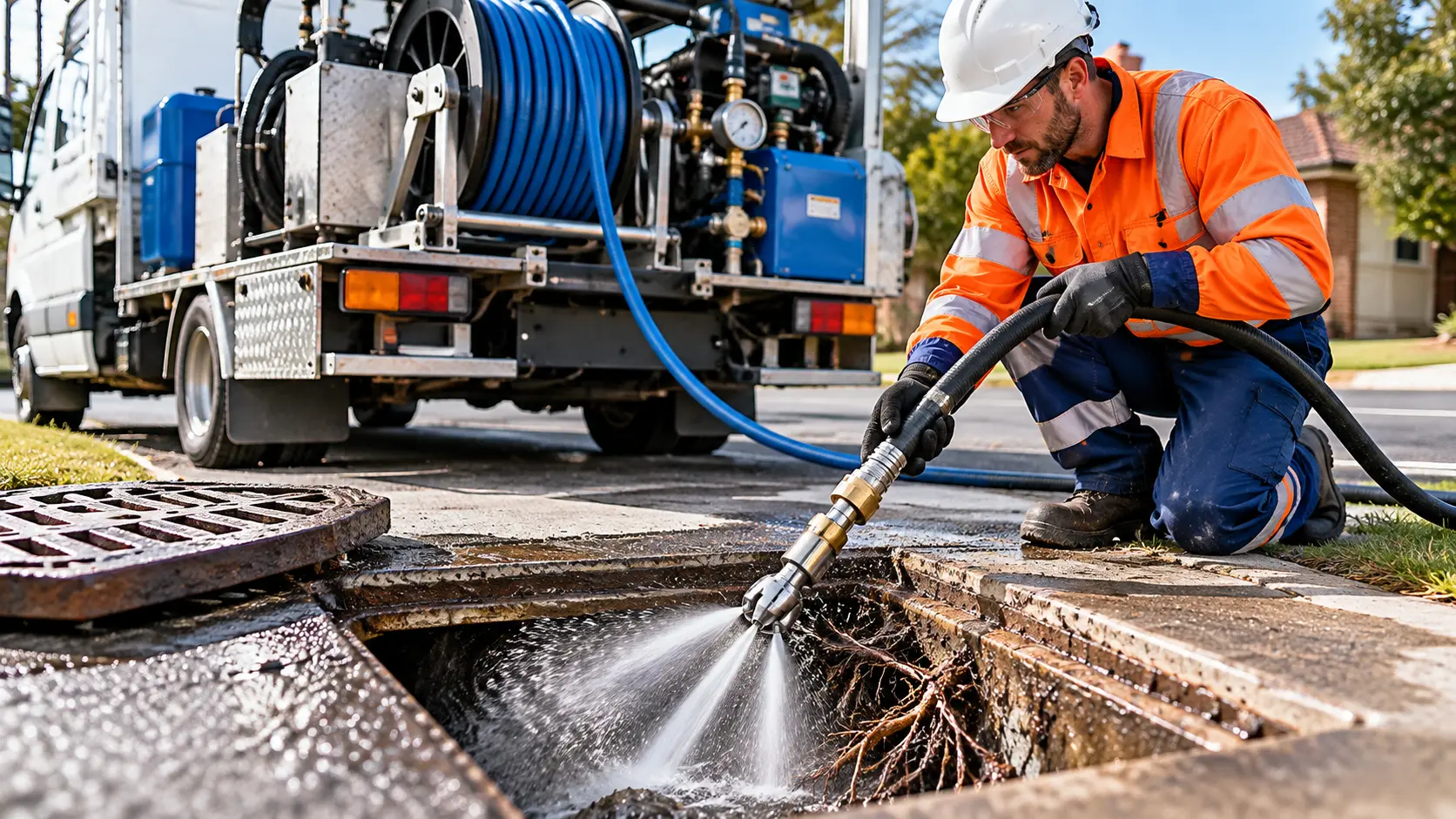 High-pressure water jetting clearing a blocked drain